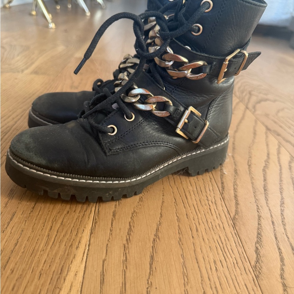 Steve Madden Black Leather Combat Boots with Gold Chain Details